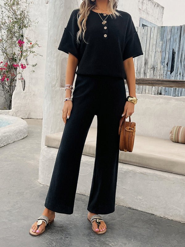 New spring and summer casual solid color knitted short - sleeved trousers suit - Pant Suit